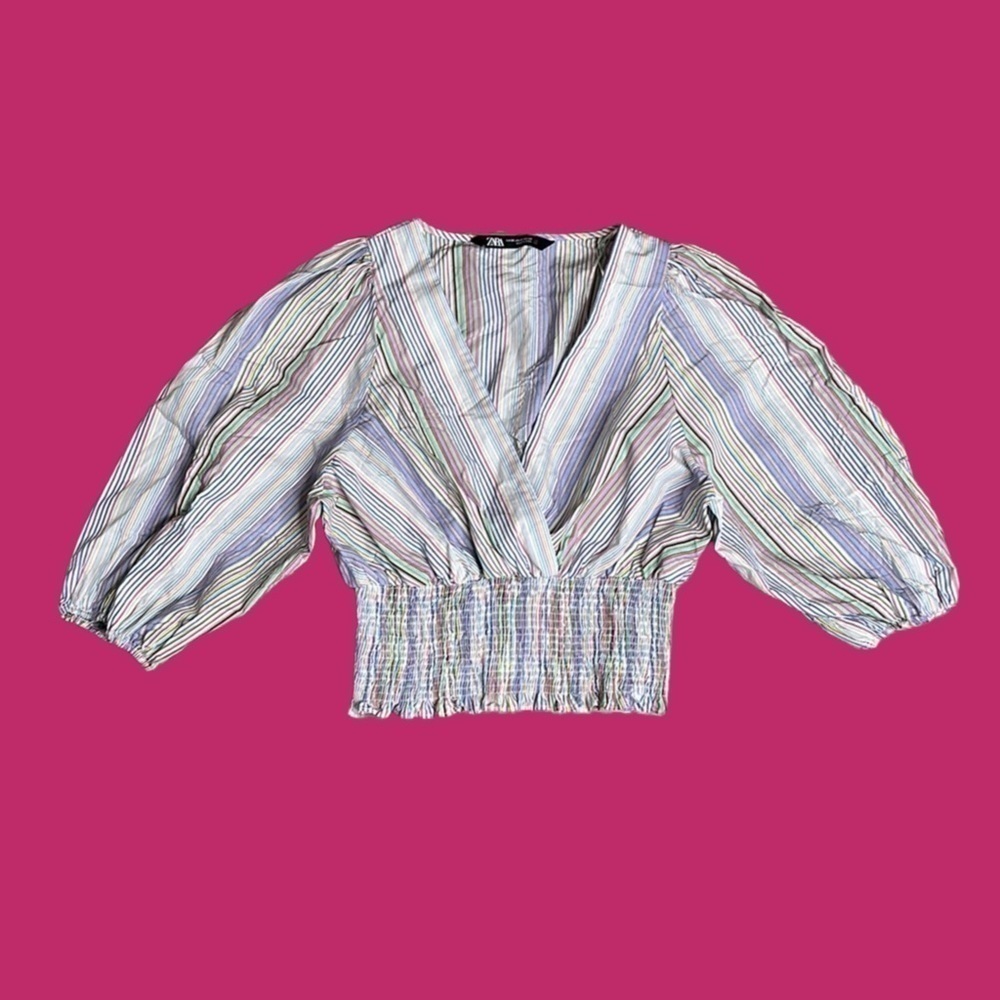 NEW Zara Women’s Multicolor Striped Puff Sleeve Smocked Crop Top Sz XS